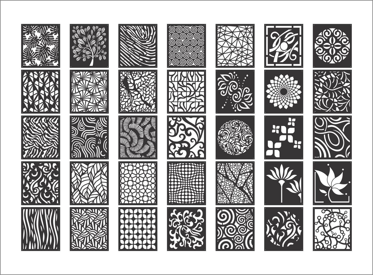طرح مجموعه الگوهای پرده تزئینی، مناسب برای استفاده در دستگاه های cnc چوب و cnc لیزر - decorative screen patterns collection dxf file