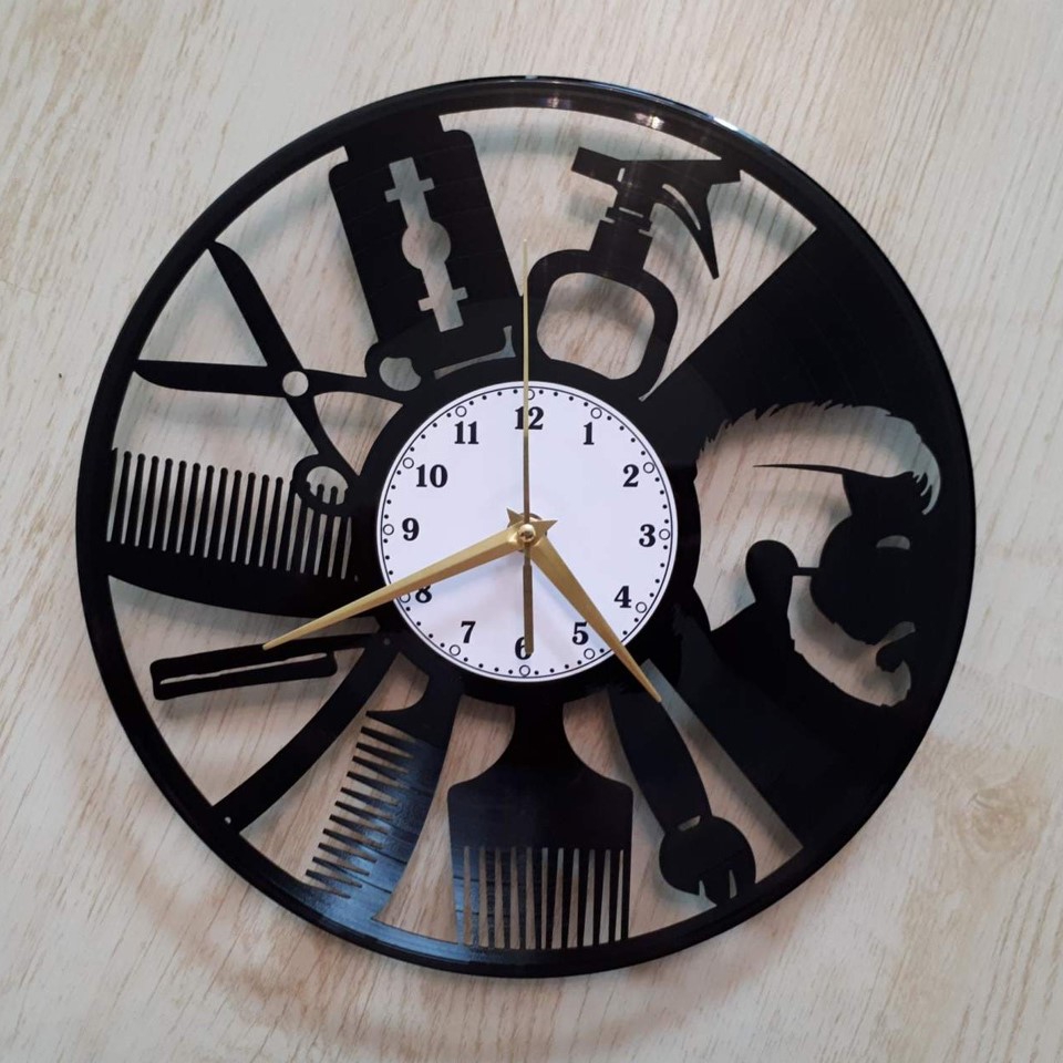 طرح ساعت وینیل آرایشگاه زنانه مناسب برای استفاده در دستگاه های cnc چوب و cnc لیزر - laser cut barber shop vinyl record clock cdr file