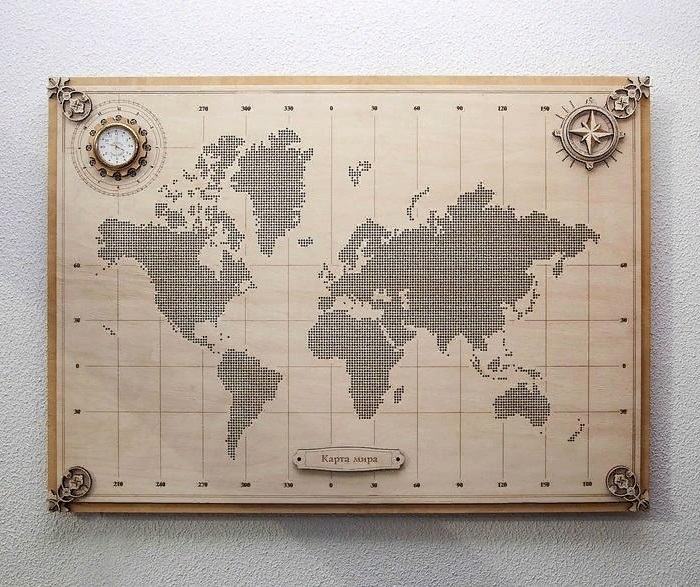 طرح نقشه جهان برای دیوار مناسب برای استفاده در دستگاه های cnc چوب و cnc لیزر - laser cut world map wall decor cdr file