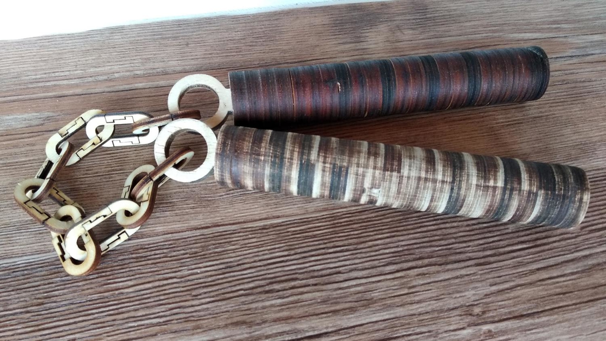 طرح نانچاکو با تخته سه لا ۶ میلی‌متری هنرهای رزمی، مناسب برای استفاده در دستگاه های cnc چوب و cnc لیزر - laser cut martial arts nunchaku plywood 6mm template cdr file