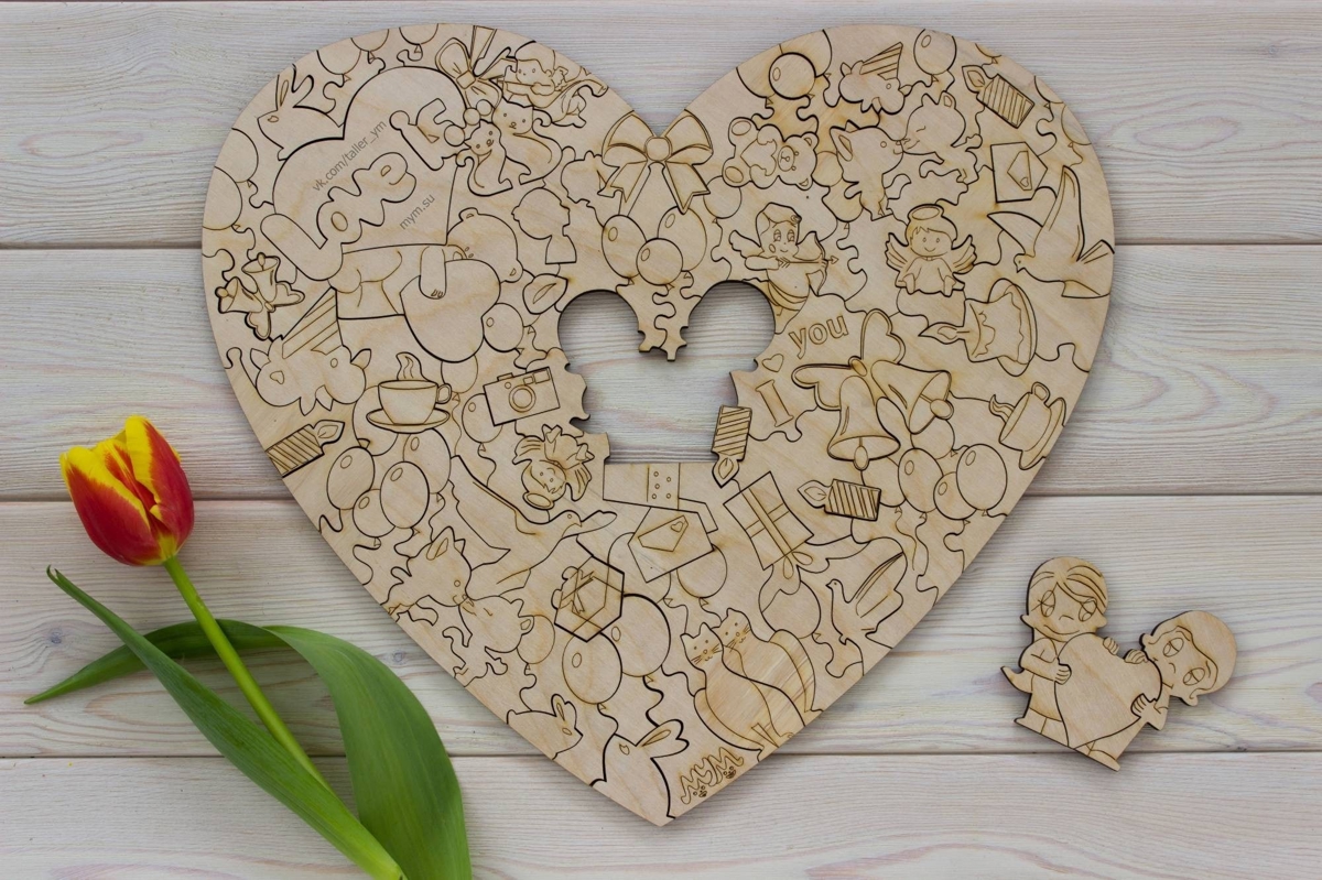 طرح حکاکی پازل روز ولنتاین مناسب برای استفاده در دستگاه های cnc چوب و cnc لیزر - valentines day jigsaw puzzle laser cut engraving cdr file