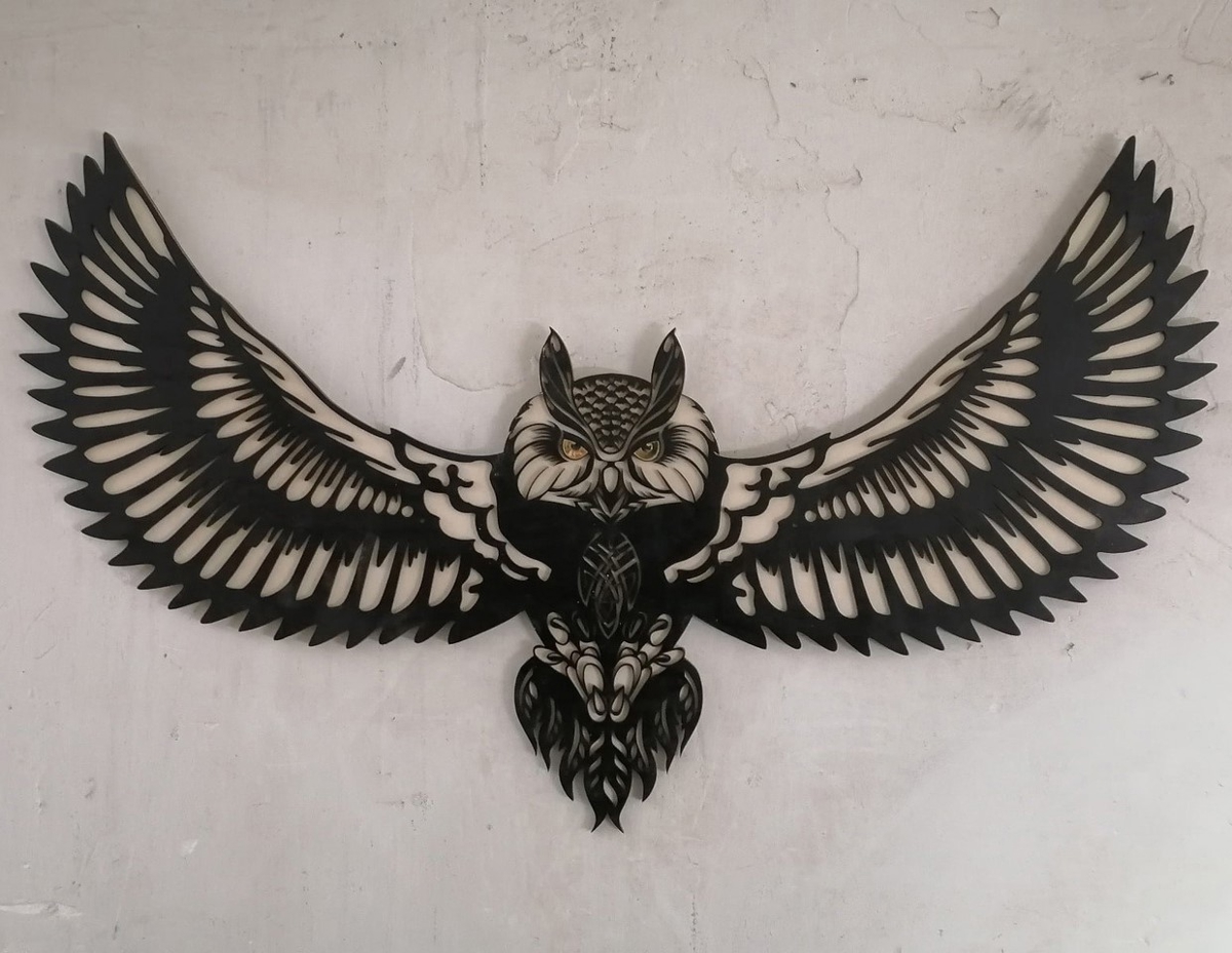 طرح جغد پرنده برای دکور دیوار مناسب برای استفاده در دستگاه های cnc چوب و cnc لیزر - laser cut flying owl wall decor dxf file