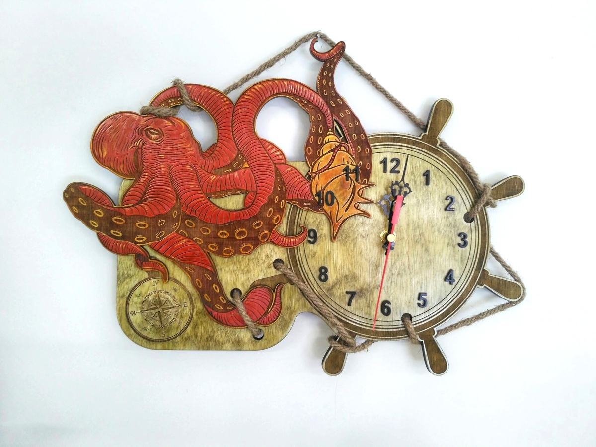 طرح ساعت دیواری طرح اختاپوس مناسب برای استفاده در دستگاه های cnc چوب و cnc لیزر - laser cut octopus wall clock cdr file