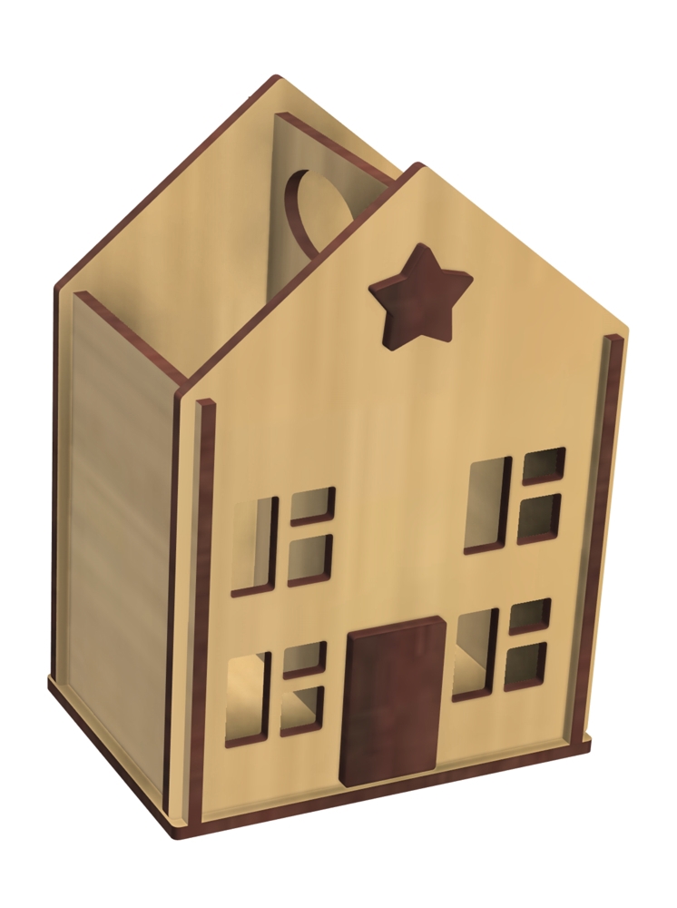 طرح جا مدادی به شکل خانه مناسب برای استفاده در دستگاه های cnc چوب و cnc لیزر - laser cut house shaped pencil holder cdr file