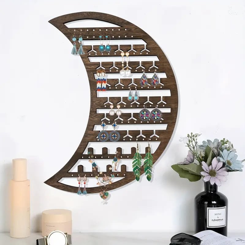 طرح سازمان دهنده جواهرات چوبی ماه ، جا جواهری آویز دیواری برای گوشواره و حلقه مناسب برای استفاده در دستگاه های cnc چوب و cnc لیزر - laser cut moon wooden jewelry organizer wall mounted hanging jewelry holder for earrings rings