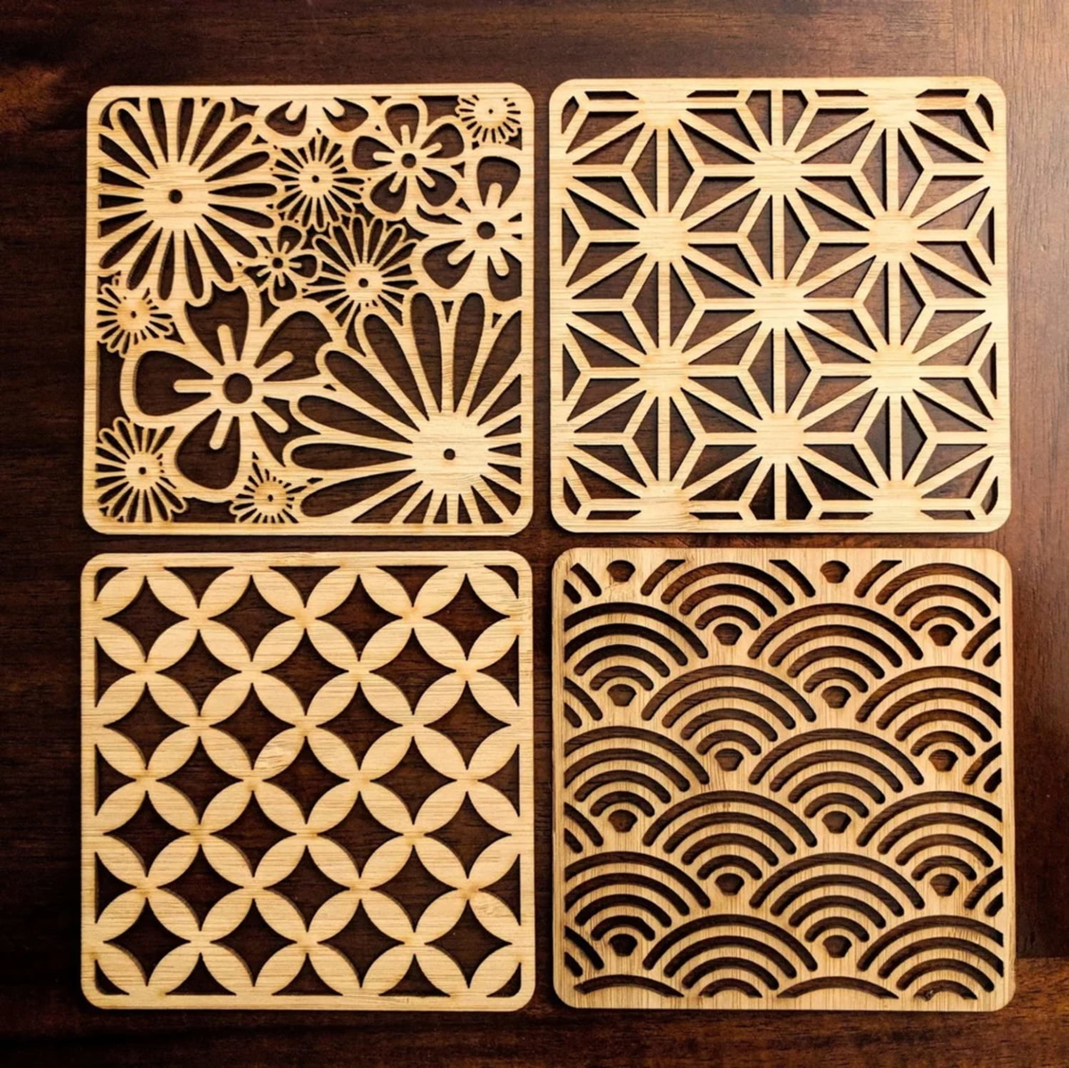 طرح با طرح زیرلیوانی ژاپنی مناسب برای استفاده در دستگاه های cnc چوب و cnc لیزر - laser cut japanese pattern coasters svg file
