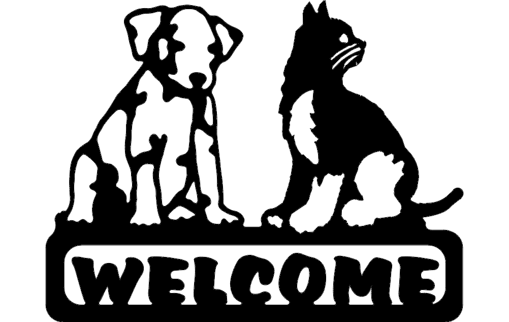 طرح تابلوی خوشامدگویی سگ و گربه مناسب برای استفاده در دستگاه های cnc چوب و cnc لیزر - welcome sign dog and cat dxf file