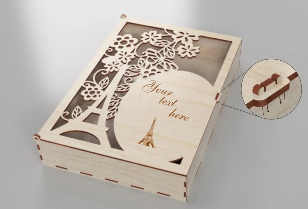 طرح جعبه چوبی برج ایفل پاریس مناسب برای استفاده در دستگاه های cnc چوب و cnc لیزر - laser cut paris eiffel tower wooden storage box cdr file