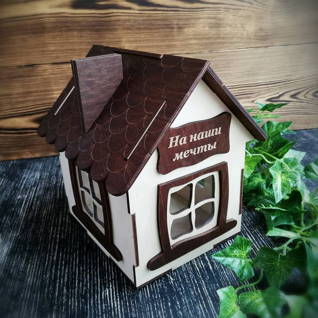 طرح جعبه سکه قلک چوبی خانه کوچک مناسب برای استفاده در دستگاه های cnc چوب و cnc لیزر - laser cut wooden small house piggy bank coin box cdr file