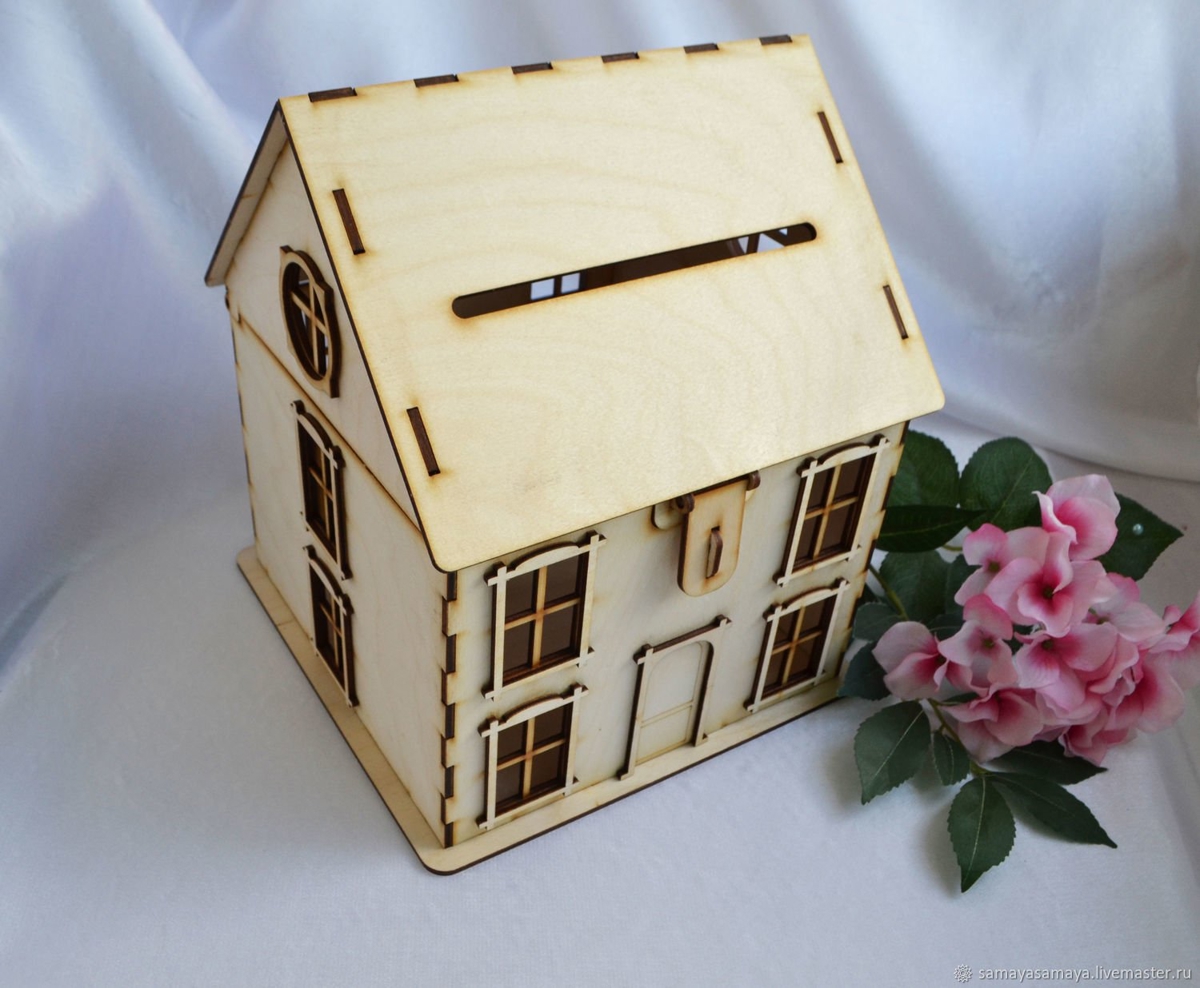 طرح جعبه پول عروسی به شکل خانه مناسب برای استفاده در دستگاه های cnc چوب و cnc لیزر - laser cut house shaped wedding money box cdr file