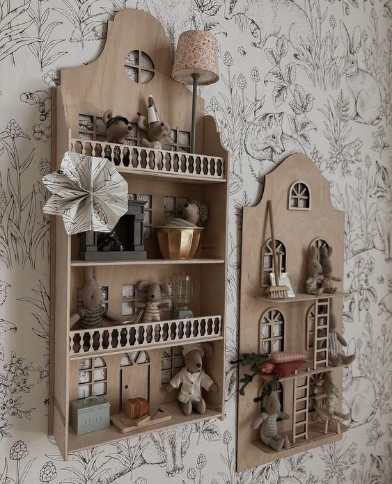 طرح قفسه دیواری خانه عروسکی مناسب برای استفاده در دستگاه های cnc چوب و cnc لیزر - laser cut dollhouse wall shelf cdr file