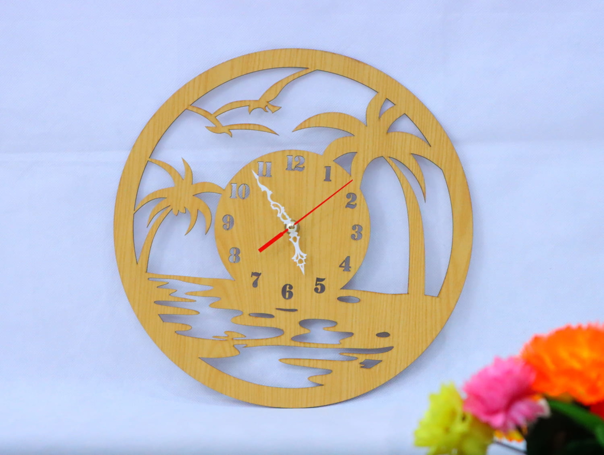 طرح فایل ساعت دیواری چوبی ساحلی مناسب برای استفاده در دستگاه های cnc چوب و cnc لیزر - laser cut wood beach wall clock cdr file