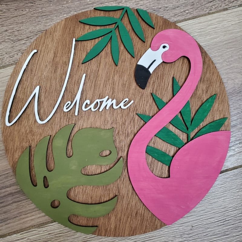 طرح آویز درب خوشامدگویی فلامینگو مناسب برای استفاده در دستگاه های cnc چوب و cnc لیزر - laser cut flamingo welcome door hanger
