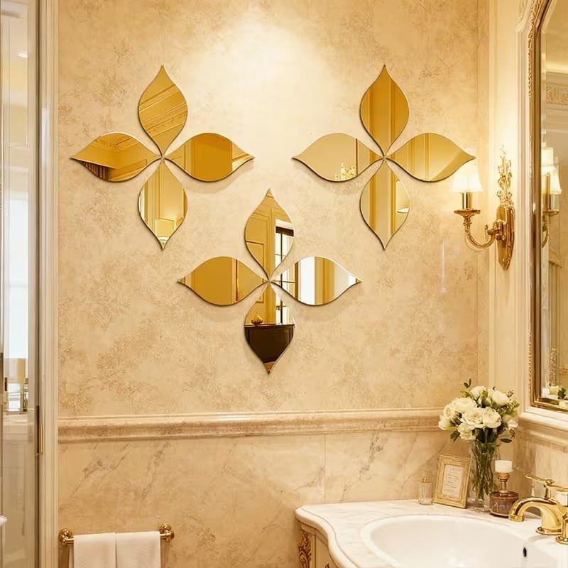 طرح هنر دیواری DIY با گل‌های اکریلیک به شکل شبدر چهار برگ با مناسب برای استفاده در دستگاه های cnc چوب و cnc لیزر - laser cut four leaf clover shaped mirror acrylic flowers diy wall art