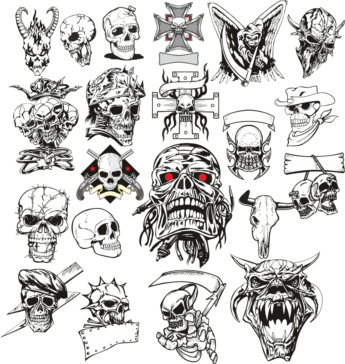طرح فایل وکتور مجموعه جمجمه خشمگین مناسب برای استفاده در دستگاه های cnc چوب و cnc لیزر - angry skull vector set cdr file