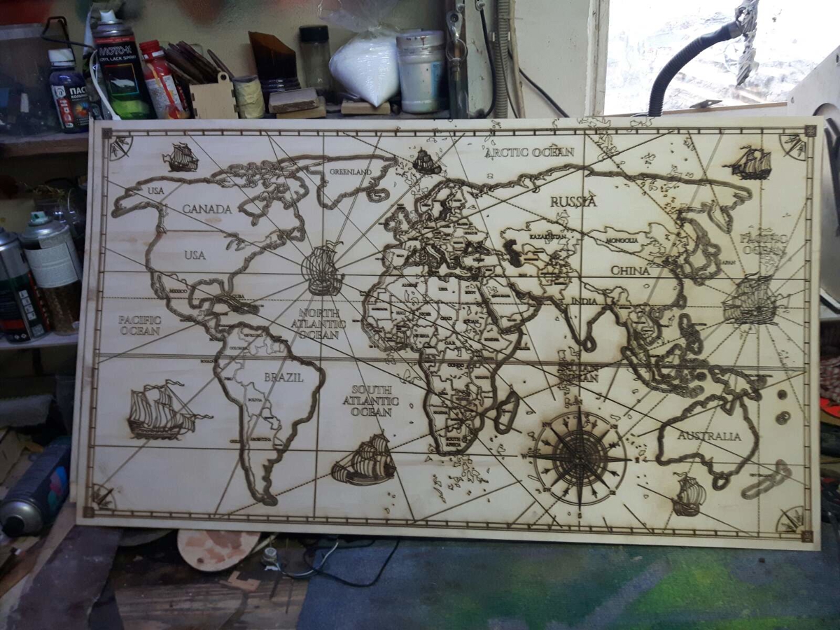 طرح نقشه جهان حکاکی شده با لیزر مناسب برای استفاده در دستگاه های cnc چوب و cnc لیزر - laser engraved world map cdr file