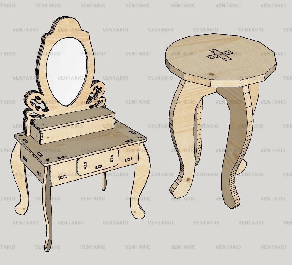 طرح میز آرایش به همراه صندلی راحتی مناسب برای استفاده در دستگاه های cnc چوب و cnc لیزر - laser cut dressing table with stool kit cdr file