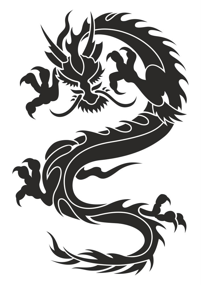 طرح فایل وکتور خالکوبی اژدهای چینی مناسب برای استفاده در دستگاه های cnc چوب و cnc لیزر - chinese dragon silhouette tattoo tribal vector cdr file