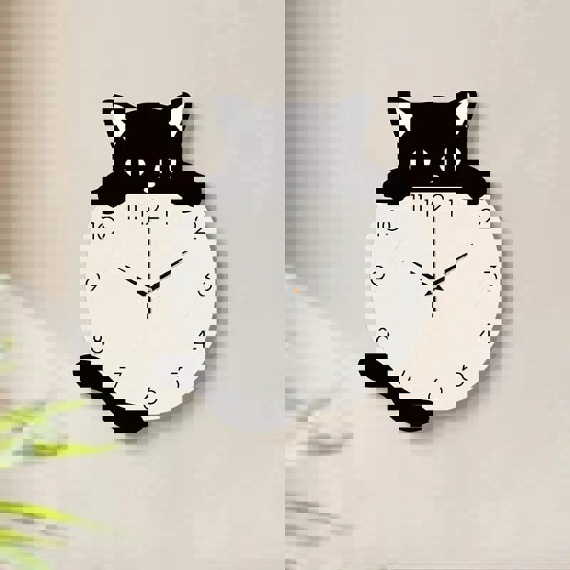 طرح ساعت دیواری گربه ناز مدرن مناسب برای استفاده در دستگاه های cnc چوب و cnc لیزر - laser cut modern cute cat wall clock