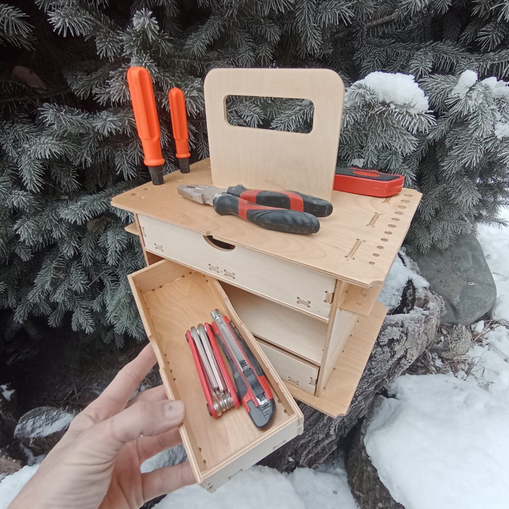 طرح جعبه ابزار چوبی با کشو، مناسب برای استفاده در دستگاه های cnc چوب و cnc لیزر - laser cut tool caddy wooden tool box with drawers ai file