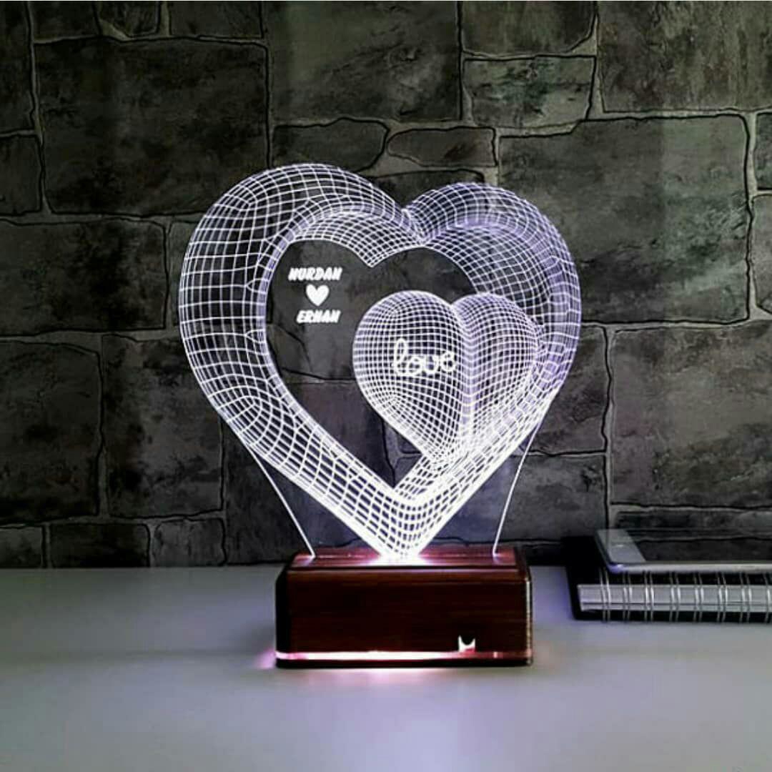 طرح دو قلب با قابلیت ایجاد خطای دید سه بعدی و لامپ LED مخصوص شب مناسب برای استفاده در دستگاه های cnc چوب و cnc لیزر - laser cut two hearts 3d optical illusion lamp led night light ai file