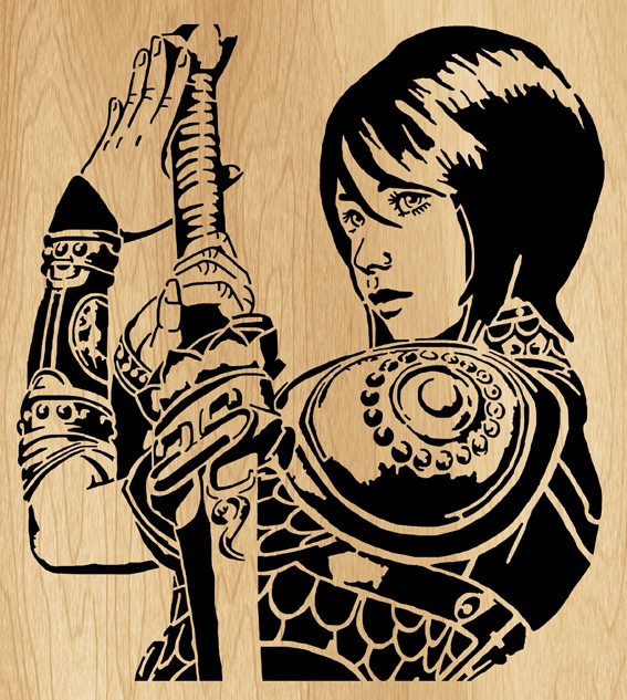 طرح دختر با شمشیر برای دیوار مناسب برای استفاده در دستگاه های cnc چوب و cnc لیزر - laser cut girl with a sword wall art decor cdr file