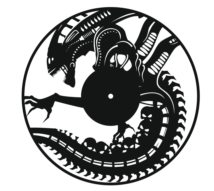 طرح ساعت دیواری وینیل طرح بیگانه مناسب برای استفاده در دستگاه های cnc چوب و cnc لیزر - alien vinyl record wall clock laser cut template cdr file