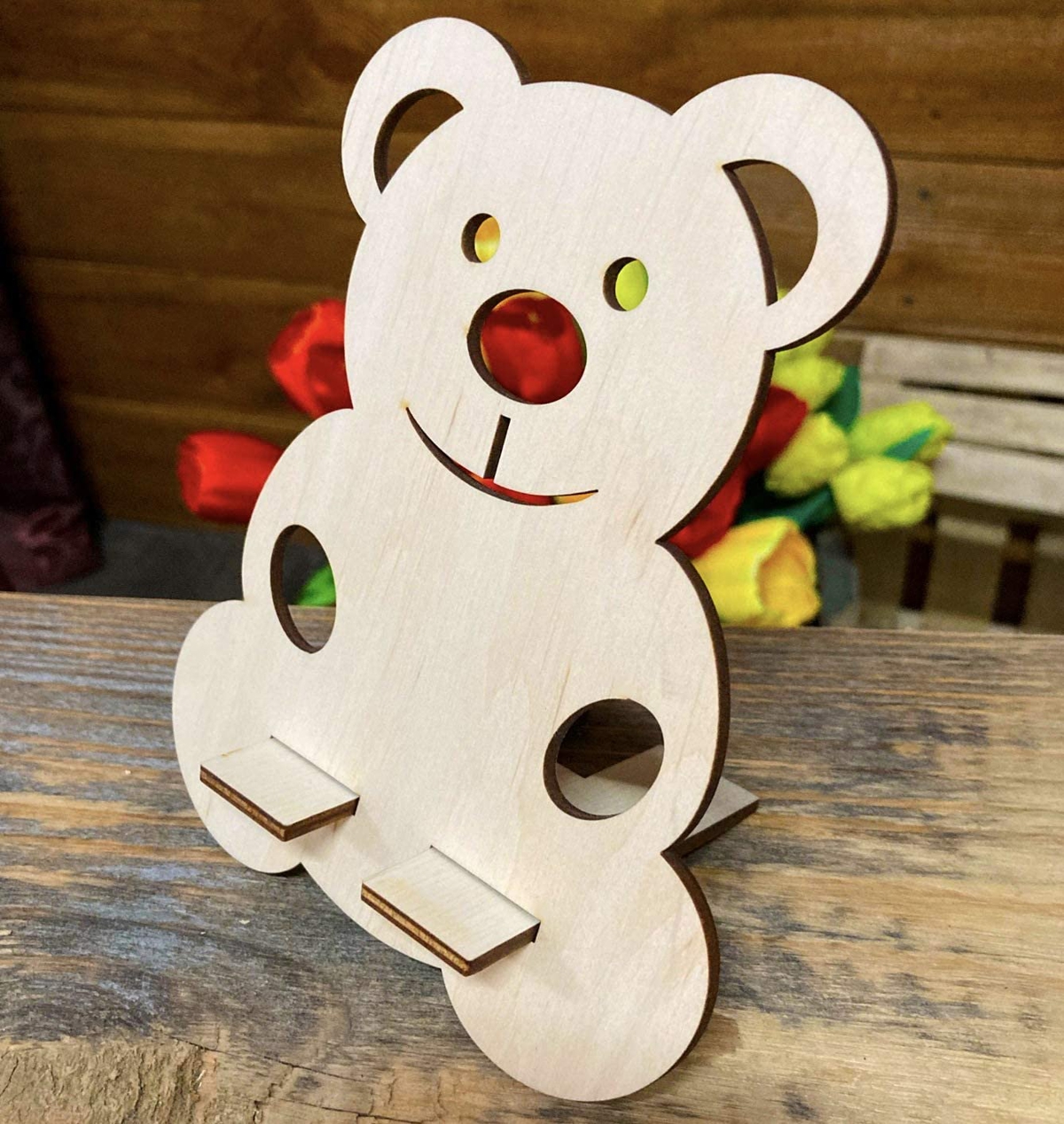 طرح جا موبایلی طرح خرس عروسکی چوبی مناسب برای استفاده در دستگاه های cnc چوب و cnc لیزر - laser cut wooden teddy bear phone holder cdr file