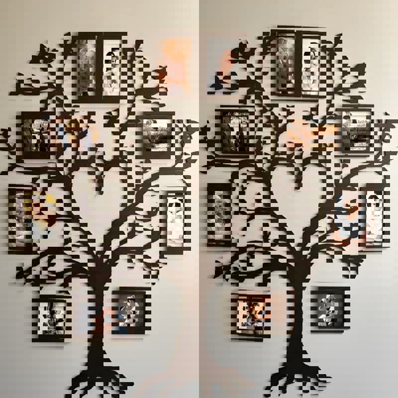 طرح قاب عکس چوبی طرح درخت خانوادگی با طرح قلب، دکور دیواری مناسب برای استفاده در دستگاه های cnc چوب و cnc لیزر - laser cut family tree with heart wooden photo frames wall decor