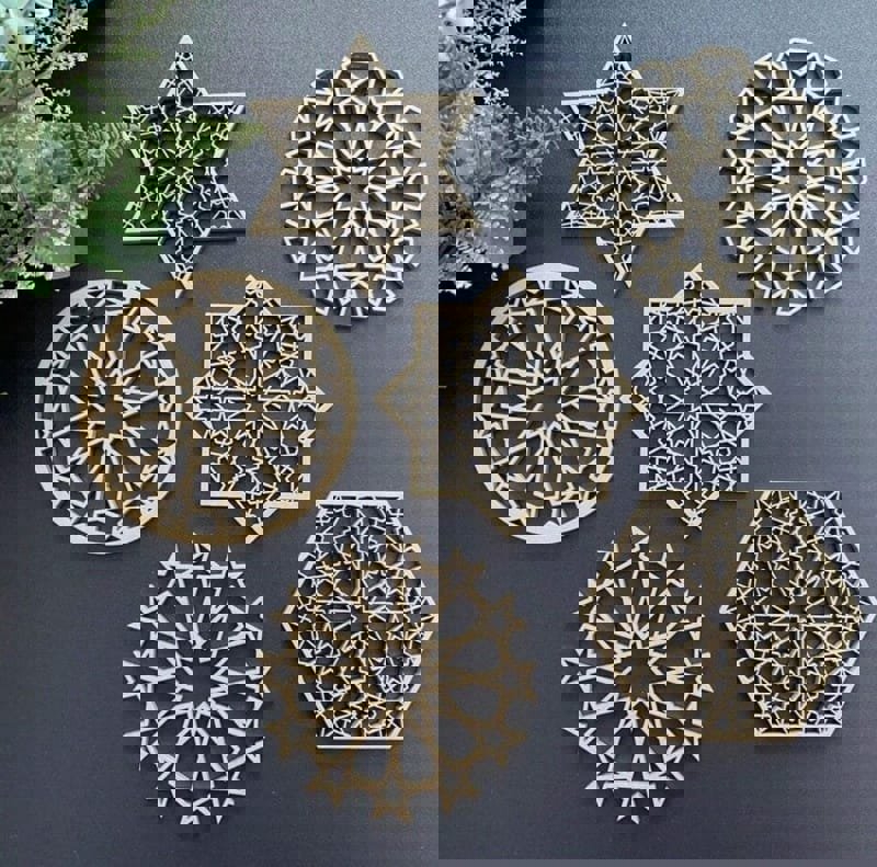 طرح ست زیرلیوانی چوبی طرح عربی ، دکور رمضان مناسب برای استفاده در دستگاه های cnc چوب و cnc لیزر - laser cut arabic design wooden coaster set ramadan decor