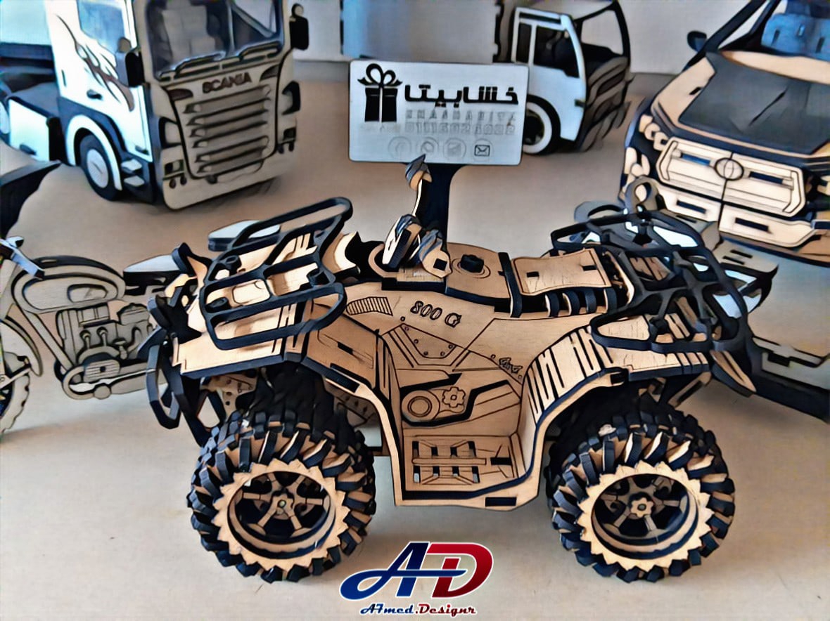 طرح موتور چهار چرخ چوبی ATV مناسب برای استفاده در دستگاه های cnc چوب و cnc لیزر - laser cut wooden atv quad bike toy cdr file