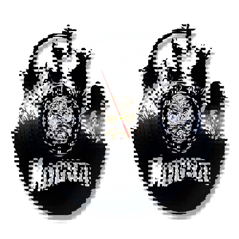 طرح ساعت دیواری وینیل طرح ماداگاسکار مناسب برای استفاده در دستگاه های cnc چوب و cnc لیزر - laser cut madagascar theme vinyl record wall clock cdr file