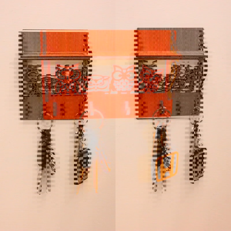 طرح جغد دیواری با قفسه تخته سه لا ۴ میلی‌متری مناسب برای استفاده در دستگاه های cnc چوب و cnc لیزر - laser cut owl decor wall mounted key organizer with shelf plywood 4mm dxf file