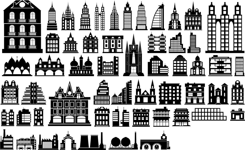 طرح وکتور سیلوئت ساختمان مناسب برای استفاده در دستگاه های cnc چوب و cnc لیزر - building silhouette vector cdr file
