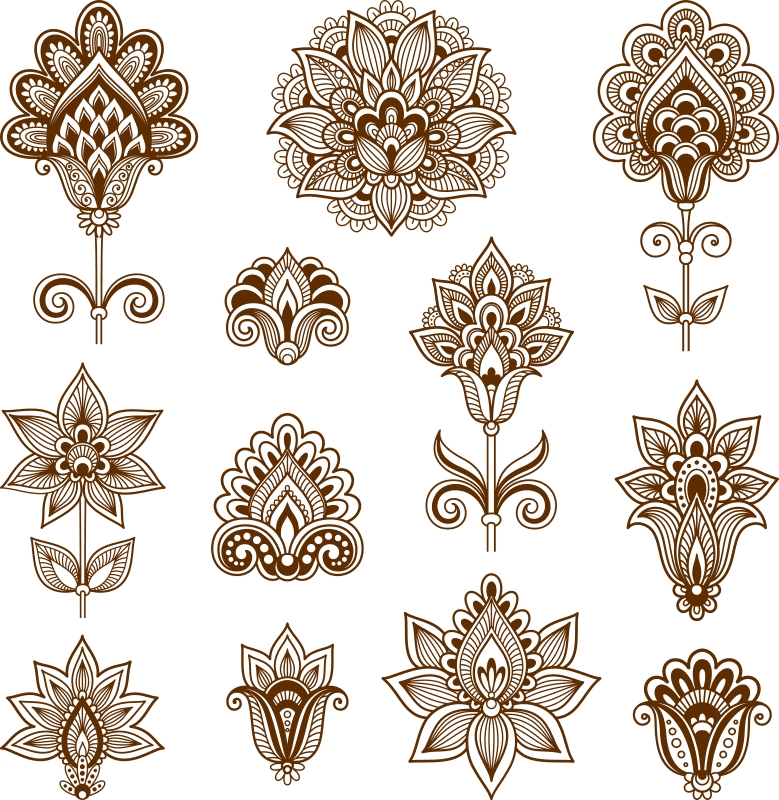 طرح عناصر گل انتزاعی به سبک هندی mehndi، مناسب برای استفاده در دستگاه های cnc چوب و cnc لیزر - abstract floral elements in indian mehndi style cdr file