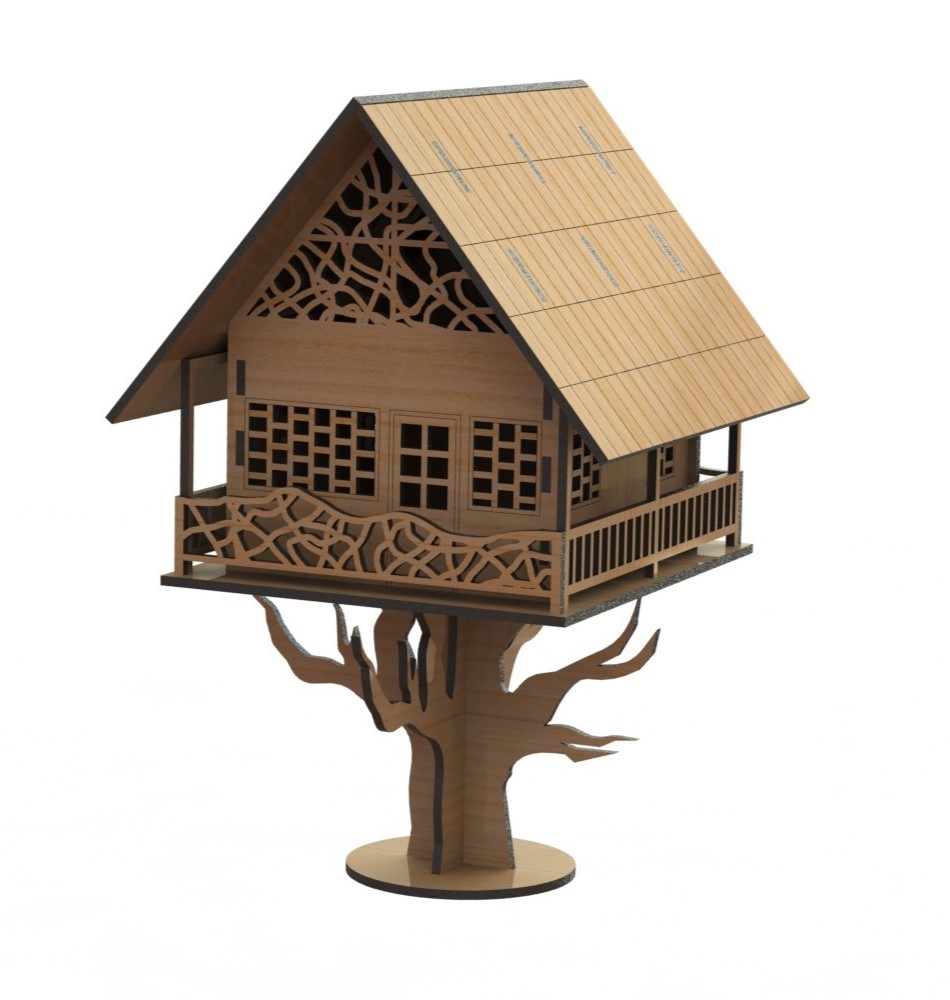 طرح پازل سه بعدی خانه درختی مناسب برای استفاده در دستگاه های cnc چوب و cnc لیزر - laser cut treehouse 3d puzzle cdr file
