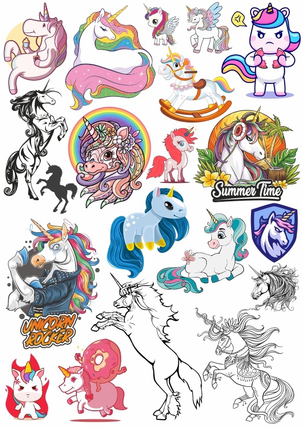 طرح استیکر اسب تک شاخ مناسب برای استفاده در دستگاه های cnc چوب و cnc لیزر - unicorns stickers cdr file