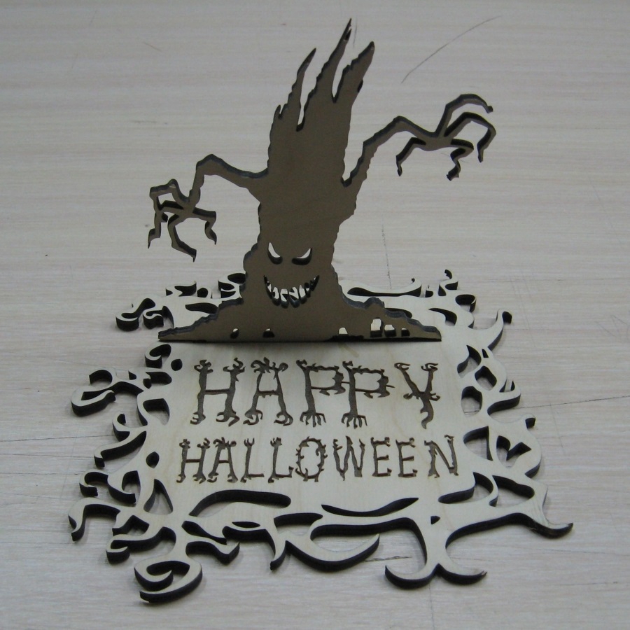 طرح تابلو چوبی ایستاده هالووین مبارک مناسب برای استفاده در دستگاه های cnc چوب و cnc لیزر - laser cut happy halloween standing decor wooden sign cdr file