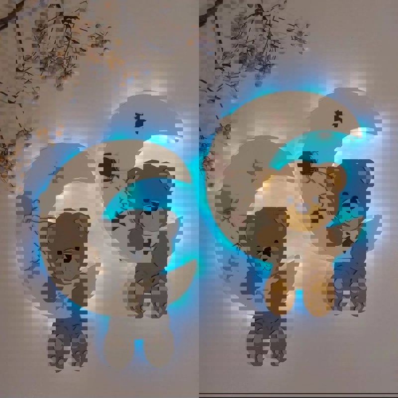 طرح چراغ خواب ماه و خرس ، دکور اتاق کودک مناسب برای استفاده در دستگاه های cnc چوب و cnc لیزر - laser cut moon and bear night light kids room decor