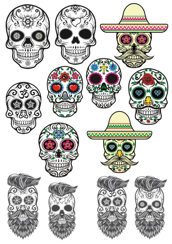 طرح خالکوبی جمجمه قندی مناسب برای استفاده در دستگاه های cnc چوب و cnc لیزر - sugar skulls tattoos cdr file