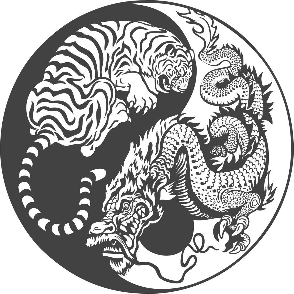 طرح وکتور طرح ببر و اژدها یین یانگ مناسب برای استفاده در دستگاه های cnc چوب و cnc لیزر - tiger dragon yin yang vector art cdr file