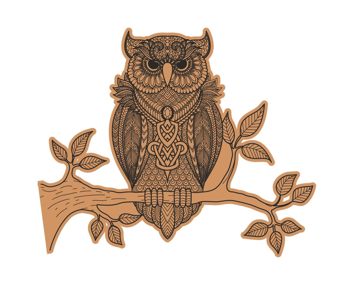 طرح جغد تزئینی نشسته روی شاخه، مناسب برای استفاده در دستگاه های cnc چوب و cnc لیزر - decorative owl sitting on branch laser cut engraving template cdr file