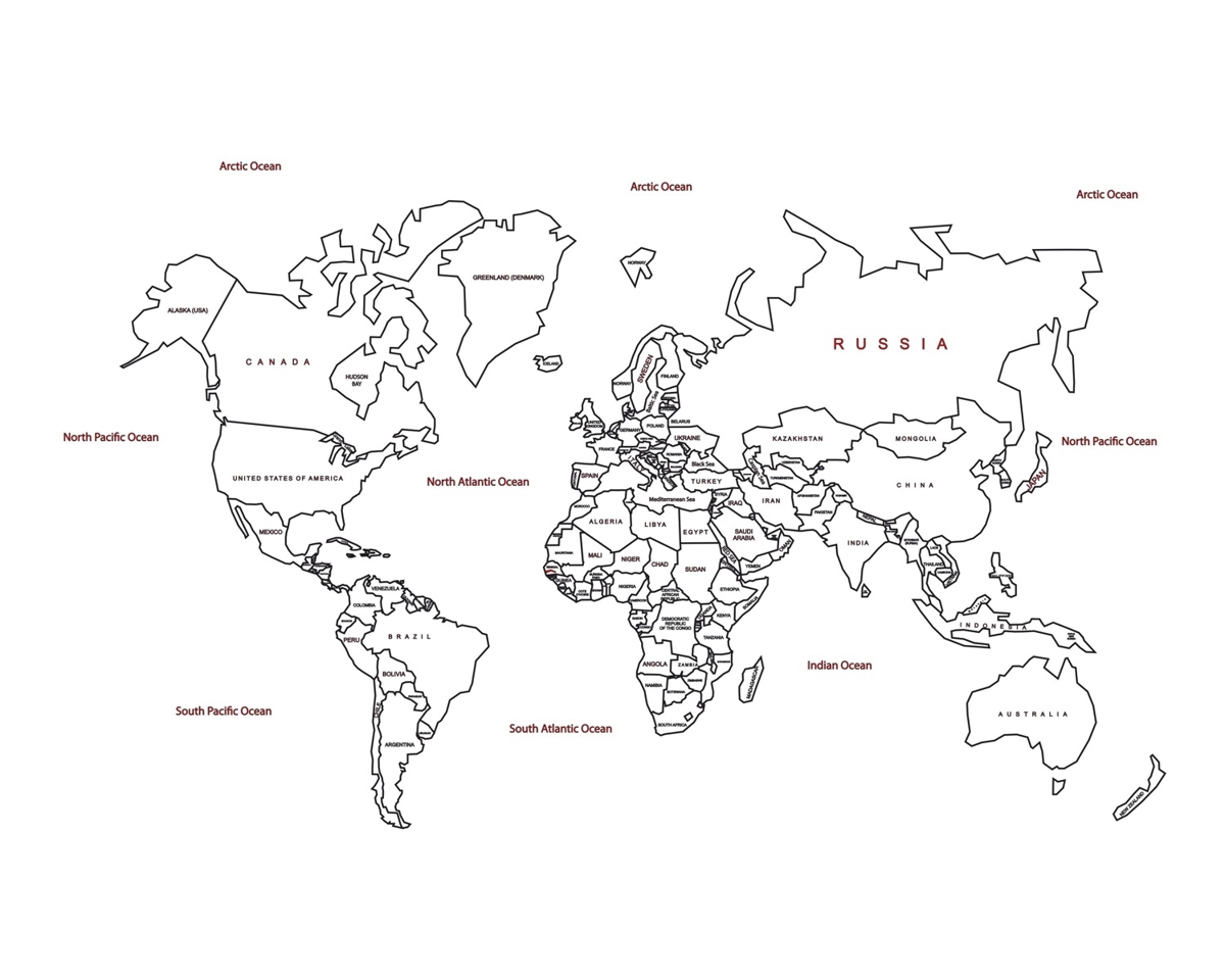 طرح نقشه جهان با نام کشورها به صورت مناسب برای استفاده در دستگاه های cnc چوب و cnc لیزر - laser cut world map with country names cdr file