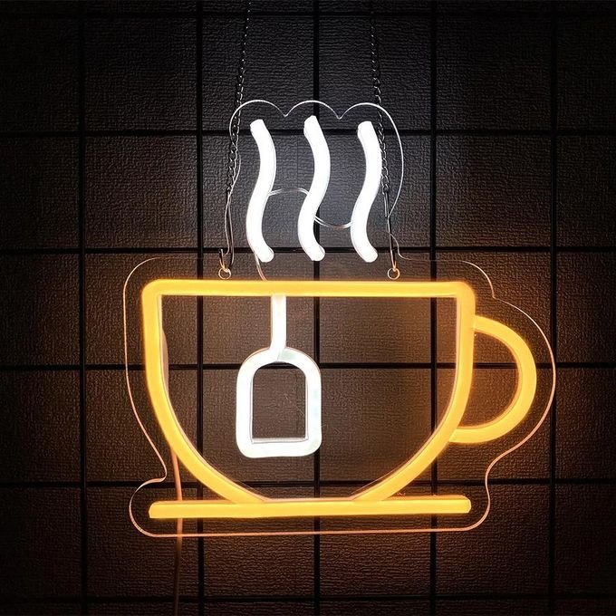طرح تابلو نئون لیوان چای یا قهوه مناسب برای استفاده در دستگاه های cnc چوب و cnc لیزر - laser cut mug of tea or coffee neon sign