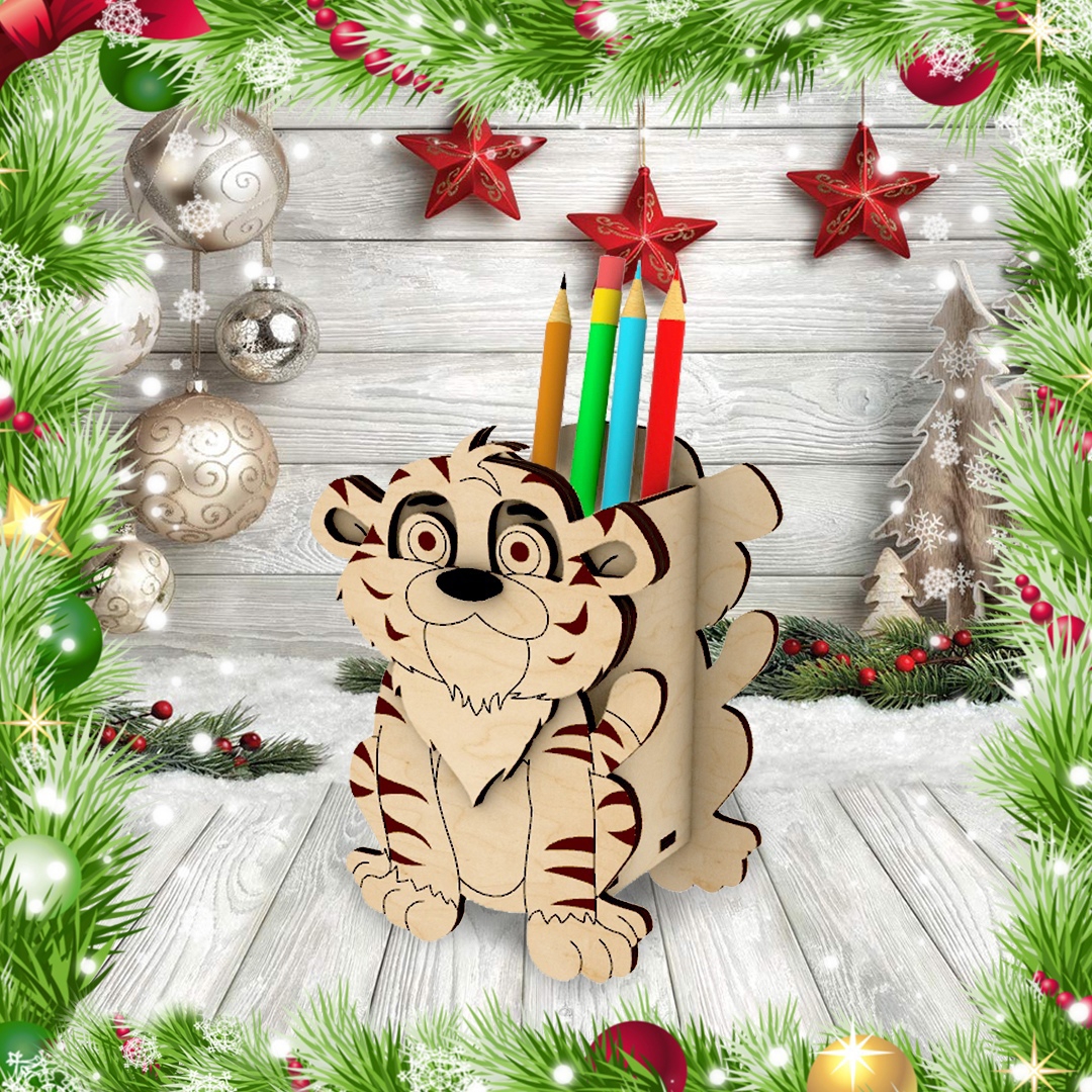 طرح جا خودکاری ببر سال 2022 مناسب برای استفاده در دستگاه های cnc چوب و cnc لیزر - laser cut tiger year 2022 pen holder cdr file