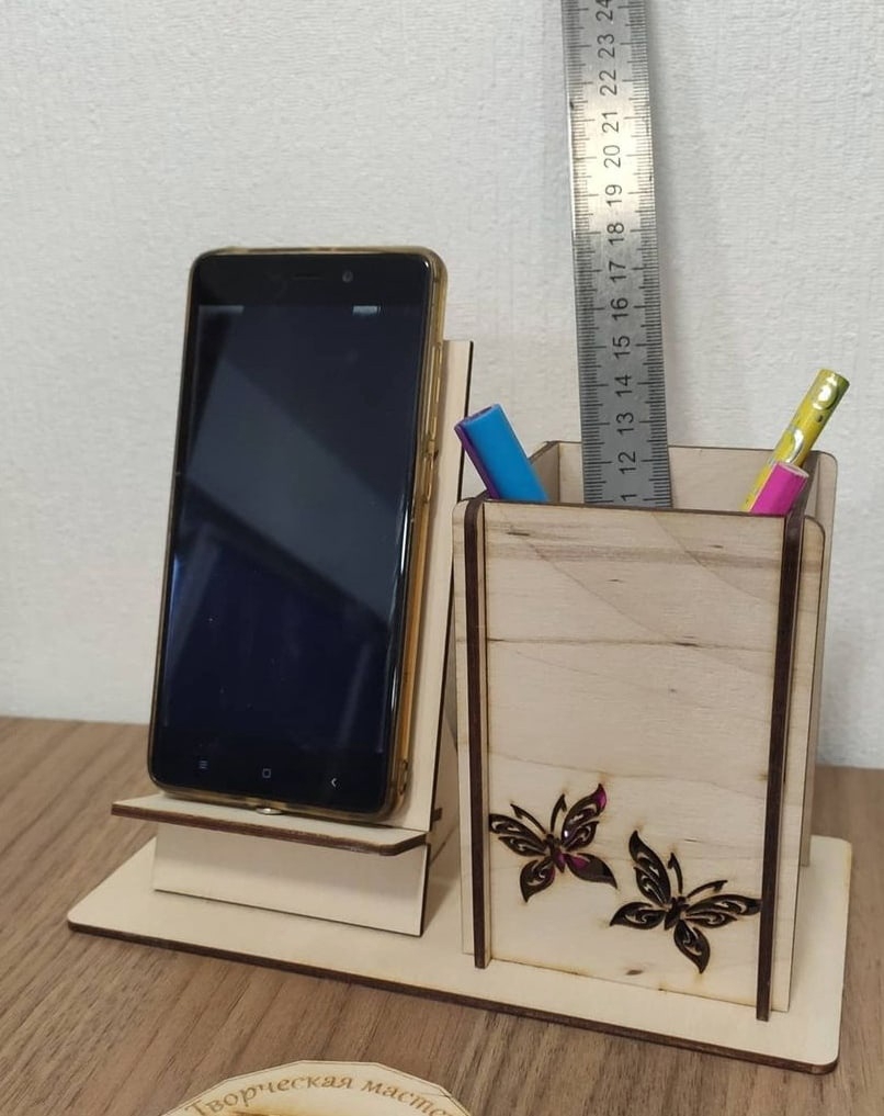 طرح پایه گوشی و خودکار چوبی مناسب برای استفاده در دستگاه های cnc چوب و cnc لیزر - laser cut wooden phone and pen stand dxf file