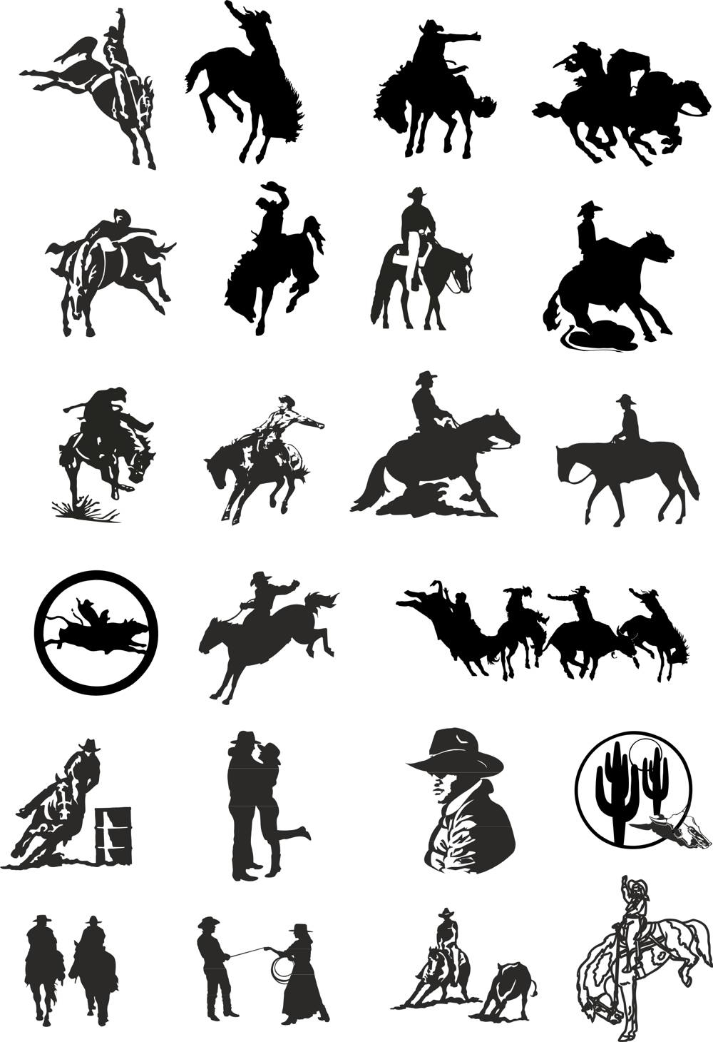 طرح فایل وکتور مجموعه سیلوئت کابوی مناسب برای استفاده در دستگاه های cnc چوب و cnc لیزر - cowboy silhouette vector set cdr file