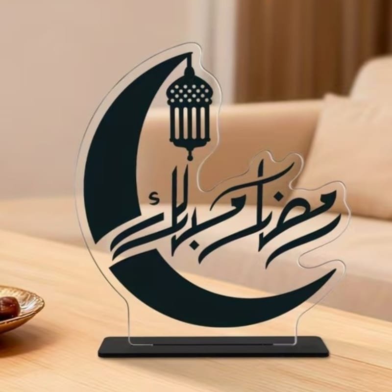 طرح تزئینات میز ماه مبارک رمضان، تزئینات تزئینی اکریلیک ماه رمضان برای عید فطر با هلال و فانوس مناسب برای استفاده در دستگاه های cnc چوب و cnc لیزر - laser cut ramadan mubarak table decoration acrylic ramadan eid al fitr decorative ornaments with crescent and lantern