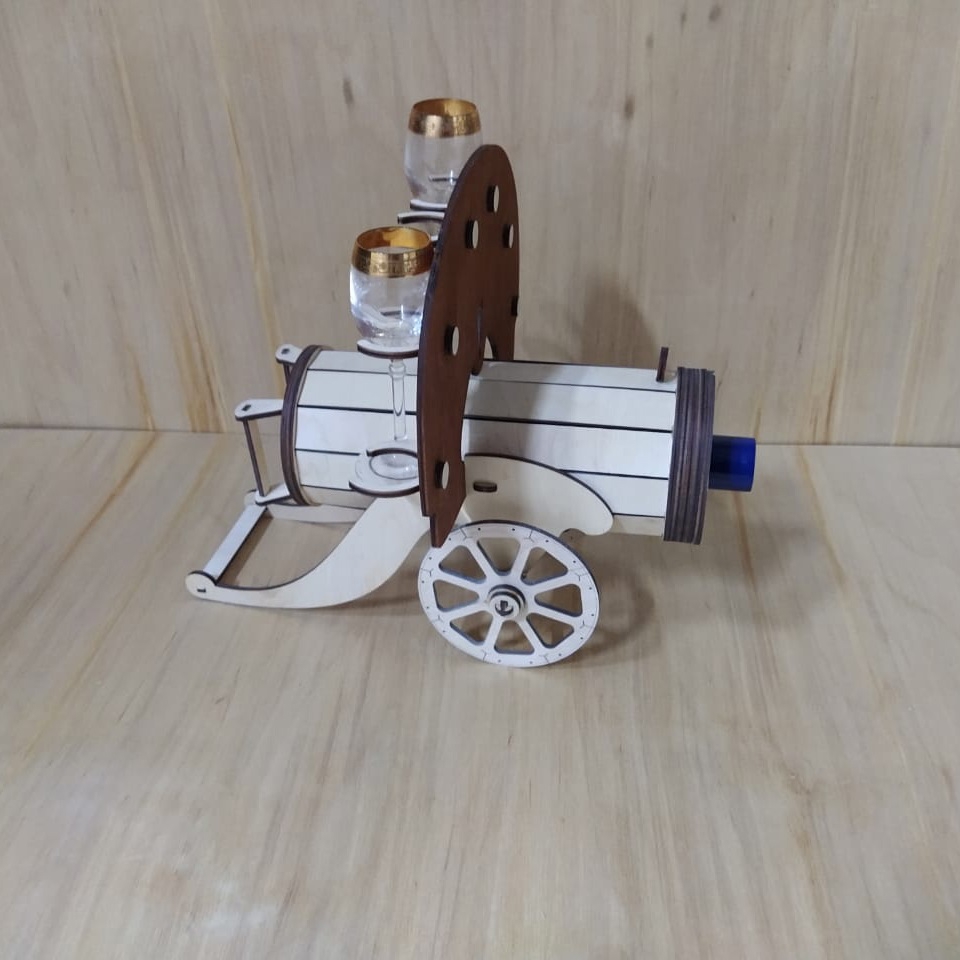 طرح جا بطری شیشه ای توپ چوبی قدیمی مناسب برای استفاده در دستگاه های cnc چوب و cnc لیزر - laser cut wooden vintage cannon wine glass bottle holder cdr file
