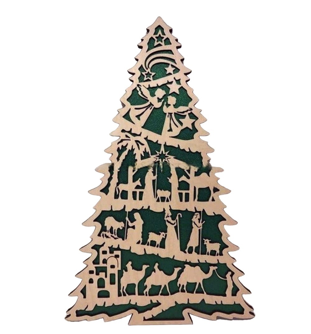 طرح درخت کریسمس با صحنه میلاد مسیح مناسب برای استفاده در دستگاه های cnc چوب و cnc لیزر - laser cut christmas tree with nativity scene cdr file